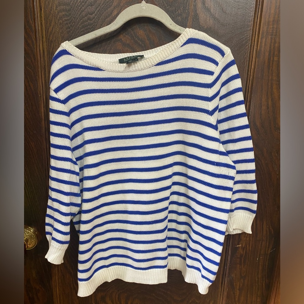 Lauren-Ralph Lauren- Bateau Neck Sweater White W/Blue Stripes, Size 1X